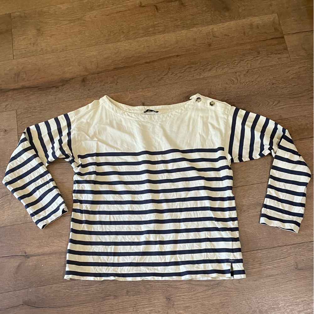 J. Crew Navy and Cream Striped Long Sleeve Top with Shoulder Buttons